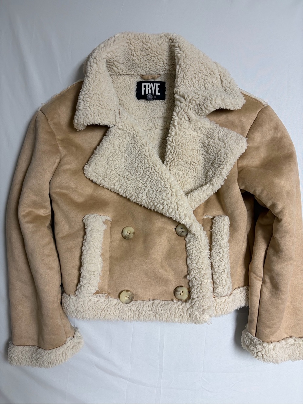 FRYE Tan Suede Teddy Jacket with Cream Shearling Trim